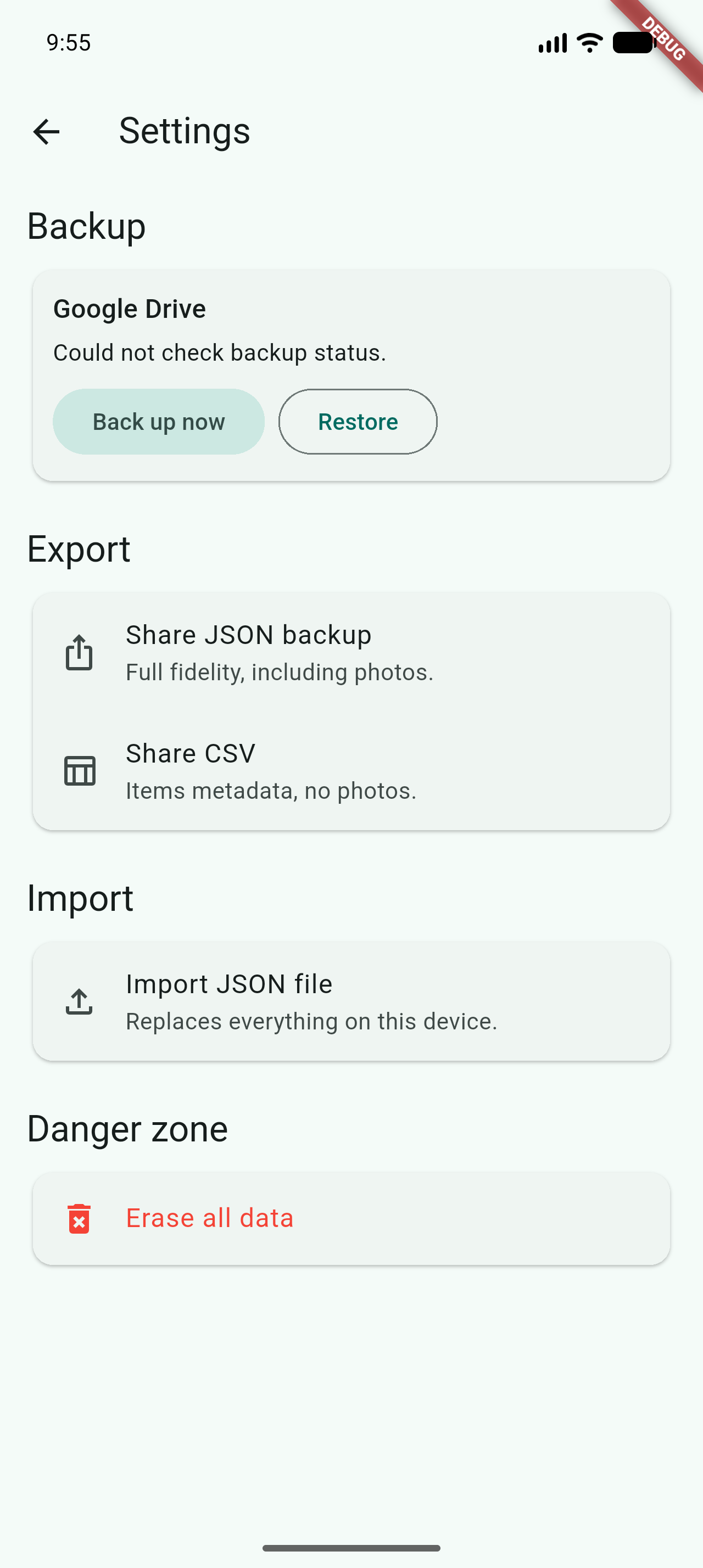 covered — backup and export settings