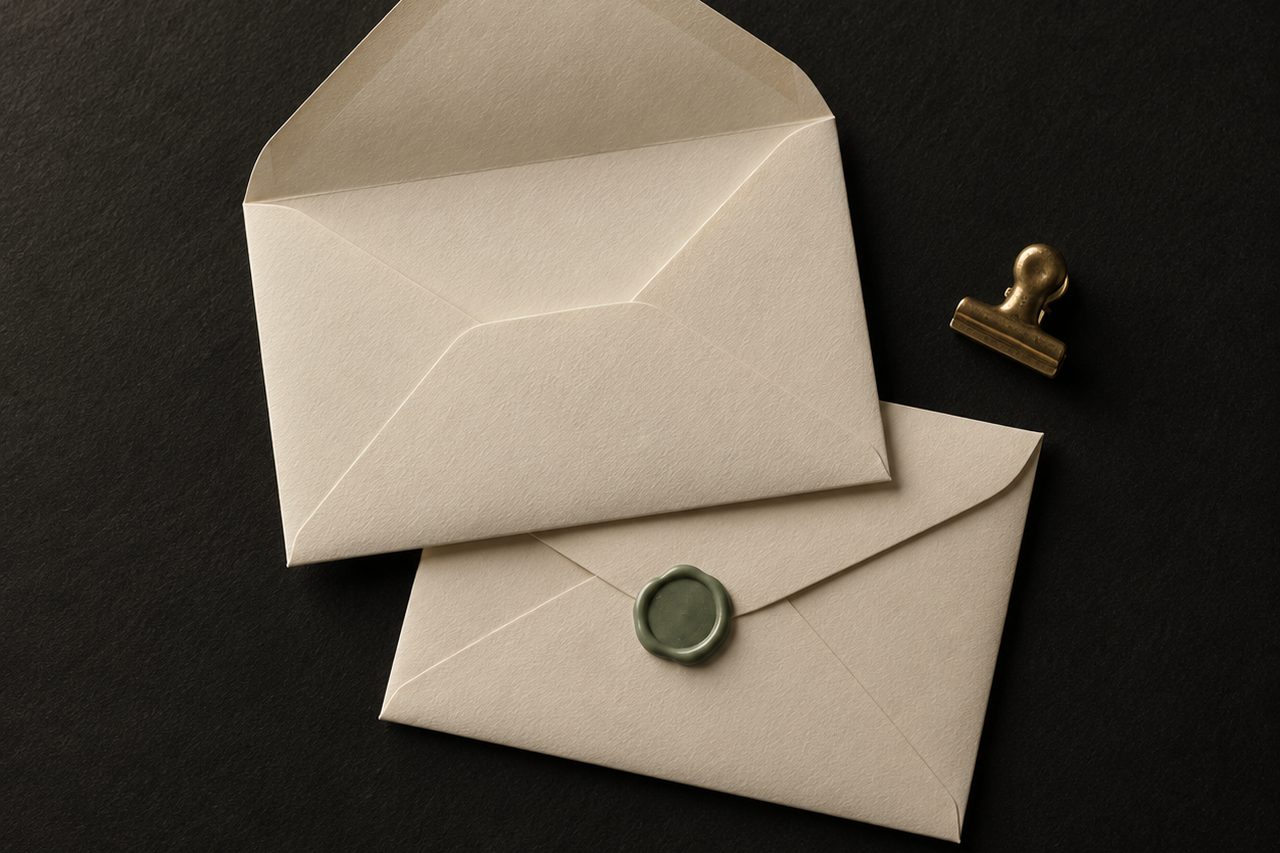 Two cream envelopes are stacked with the top one open, while the closed envelope bears a sage-green seal and a small brass clip rests nearby.