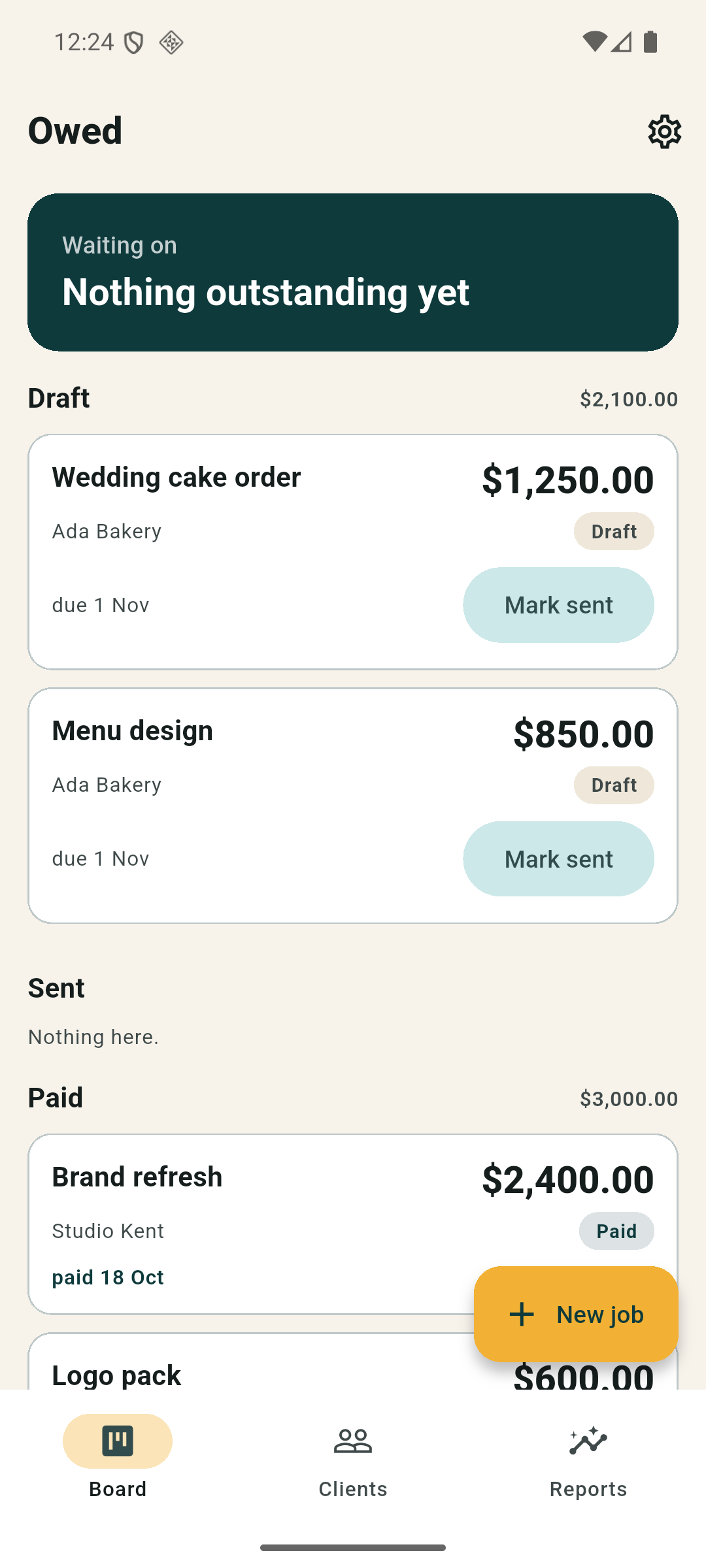 owed — the board: drafts, sent, and paid columns with live totals