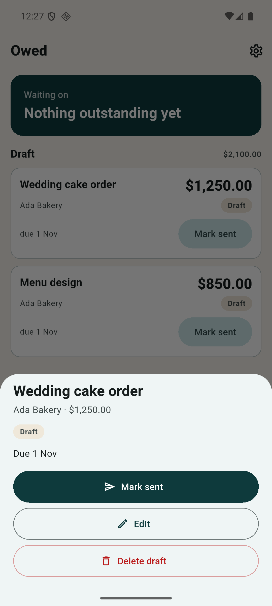 owed — a job, opened with payments and chases logged