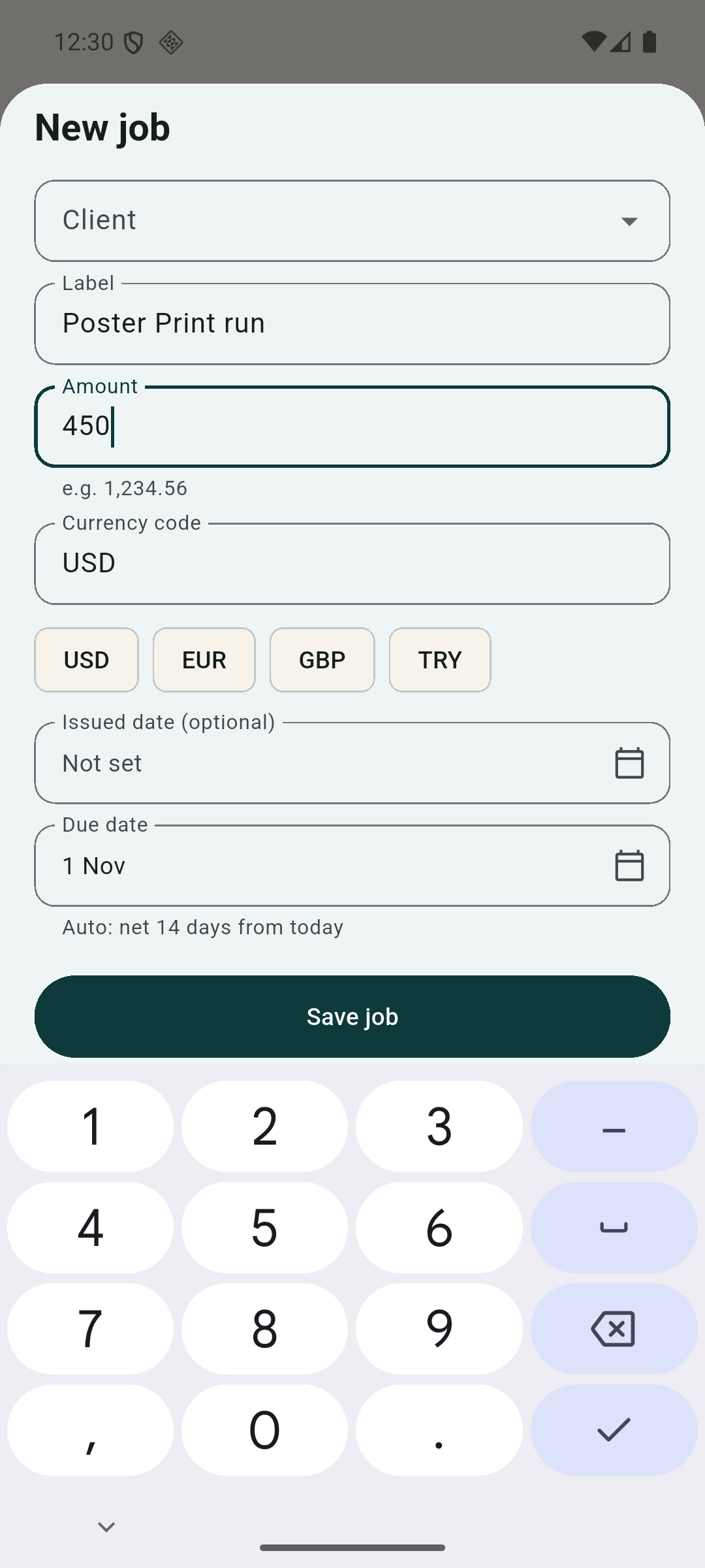 owed — adding a job: client, amount, and due date